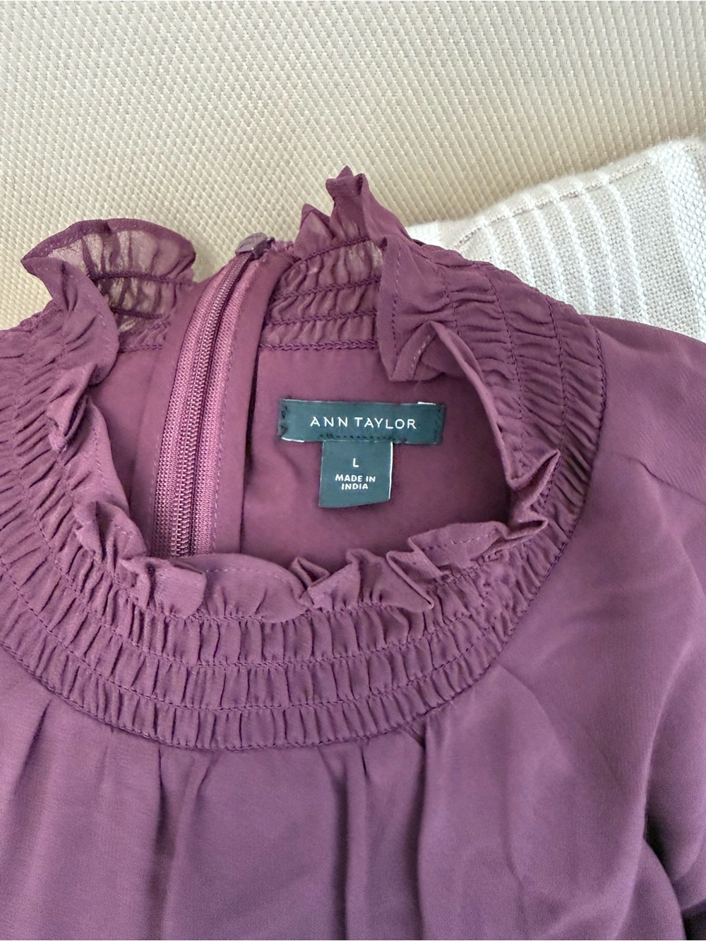 Ann Taylor Smocked Ruffle Neck Long-Sleeve Blouse Burgundy Size L - Picture 3 of 7